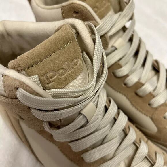 Polo Ralph Lauren Men\'s Court Leather-Suede High-Top Sneaker Bone/Ecru Choose Sz